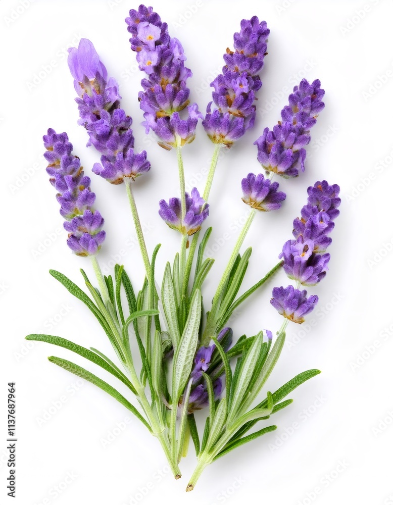 Fototapeta premium Arrangement of vibrant purple lavender sprigs on a white background, perfect for aromatherapy or decoration