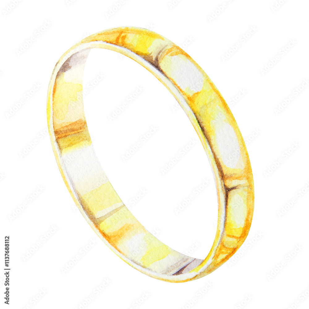Watercolor illustration of golden wedding ring. Hand drawn isolated clipart for jewelry store promotional products, invitations, romantic projects. Valentine's day gift, bride and groom attribute Watercolor illustration of golden wedding ring. Hand drawn isolated clipart for jewelry store promotional products, invitations, romantic projects. Valentine's day gift, bride and groom attribute