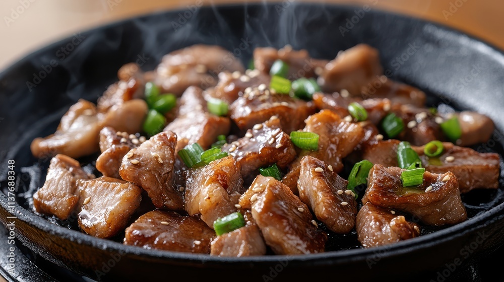 Delicious pork slices sizzle and steam on a grill, garnished with spring onions and sesame seeds, tempting with savory aroma. Delicious pork slices sizzle and steam on a grill, garnished with spring onions and sesame seeds, tempting with savory aroma.