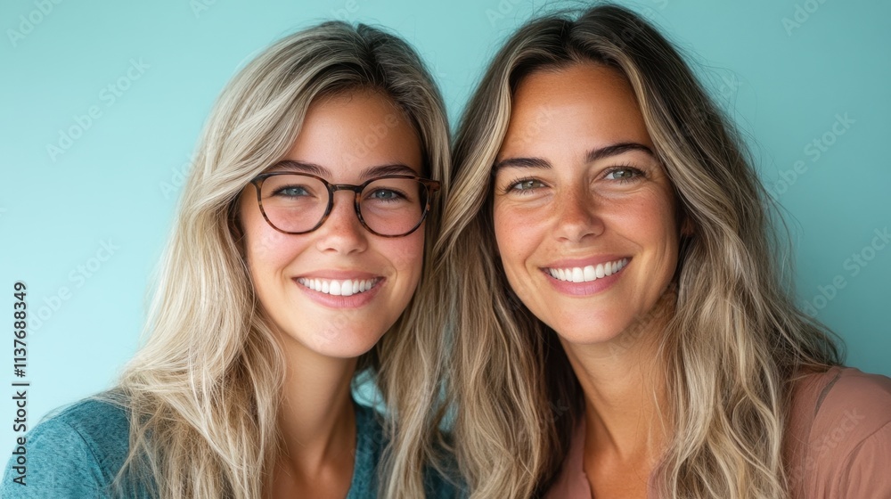 Portrait of Two Smiling Women with Long Hair Against a Light Blue Background Portrait of Two Smiling Women with Long Hair Against a Light Blue Background