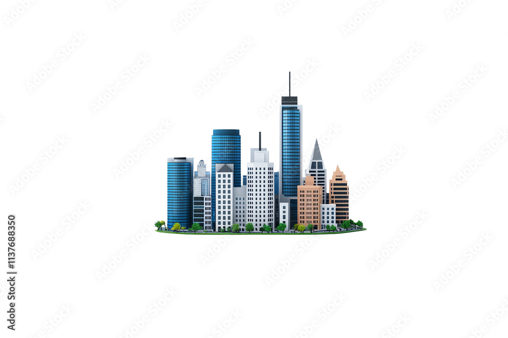 Fototapeta premium A city skyline featuring diverse modern skyscrapers with varying designs and colors, showcasing urban architecture.