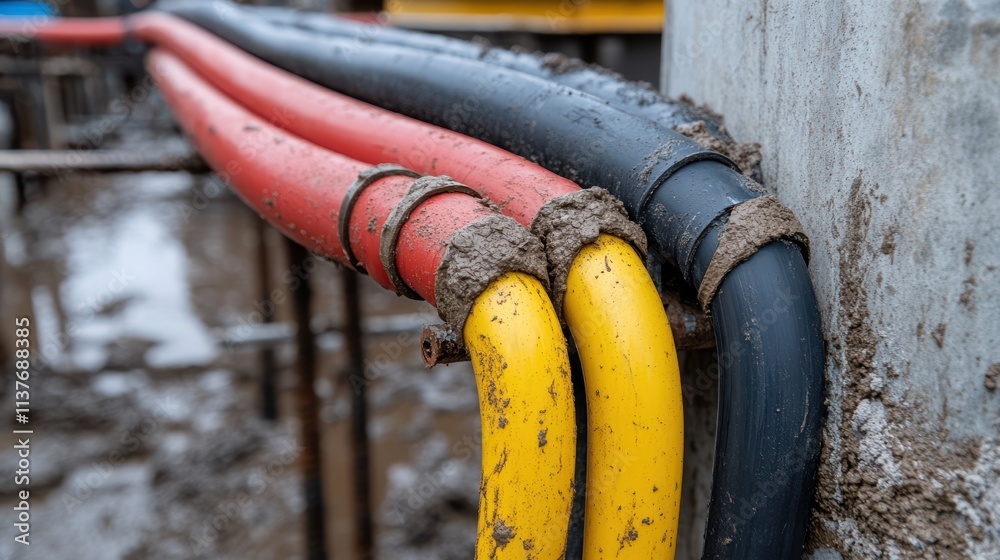 Vibrant red, yellow, and black cables snake through a muddy construction site, a testament to infrastructure in progress. Vibrant red, yellow, and black cables snake through a muddy construction site, a testament to infrastructure in progress.