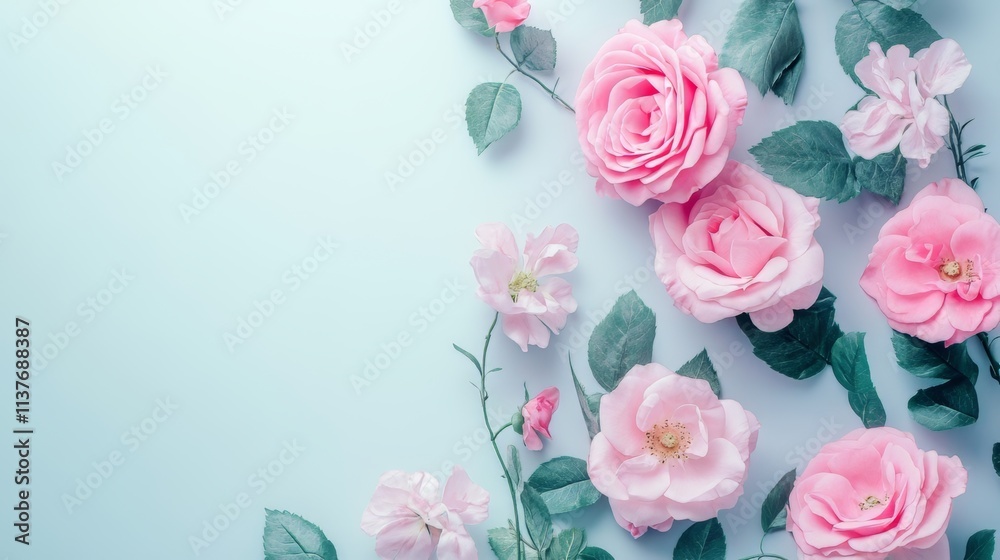 Fototapeta premium Delicate Pink Roses and Leaves Arrangement on Pastel Background