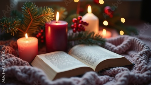 An open book rests on a cozy blanket surrounded by lit candles Christmas ornaments