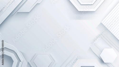 Abstract white background with a hexagonal shape and a shadow effect for a technology concept. White paper, 3D rendering illustration. Modern website banner logo,  diagonal lines for copy space