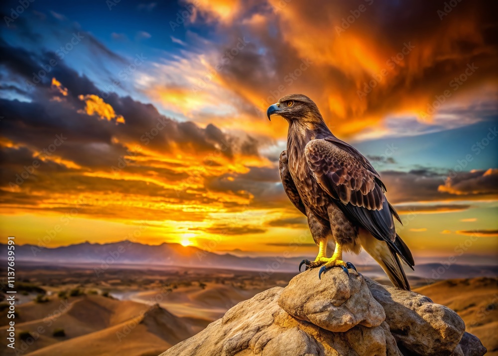 Fototapeta premium Majestic Desert Eagle at Dusk: Low Light Photography, Wild Birds, Avian Wildlife, Desert Landscape