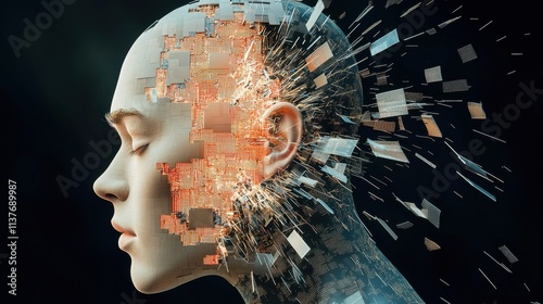 The 3D rendering shows the head of a male robot breaking apart into individual pixels, with a black background creating a dramatic visual effect. photo