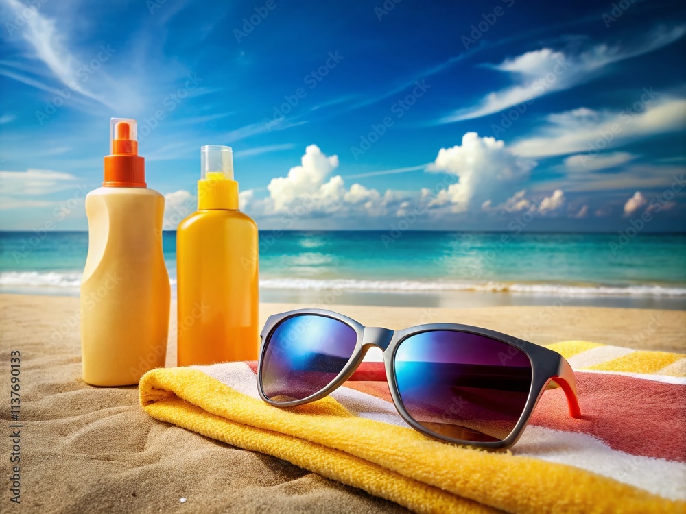 Summer Product Display Mockup: Beach Scene, Sunglasses, Sunscreen,  Summer Essentials, Photorealistic, High-Resolution Image