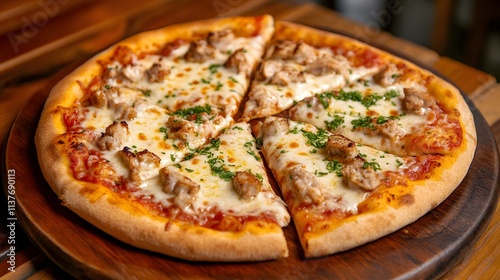 Wallpaper Mural A delicious, golden-brown pizza topped with melted cheese, savory sausage, and fresh herbs, served on a wooden platter. Torontodigital.ca