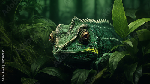 Young Green Chameleon is crawling on the green leaves, Reptile Animal