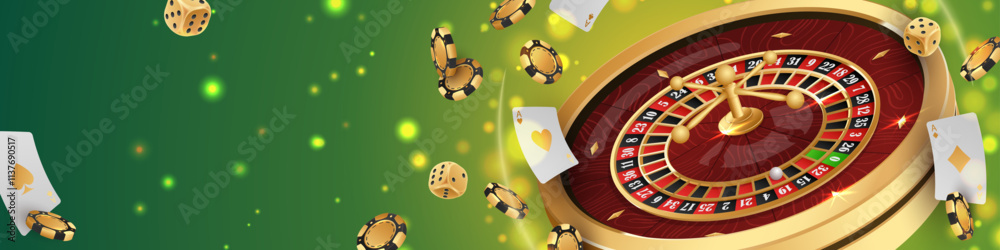 Banner with Golden casino roulette, wheel with flying black poker chips, tokens, playing cards, dices, around on green background with lights, bokeh. Vector illustration for design, advertising Banner with Golden casino roulette, wheel with flying black poker chips, tokens, playing cards, dices, around on green background with lights, bokeh. Vector illustration for design, advertising
