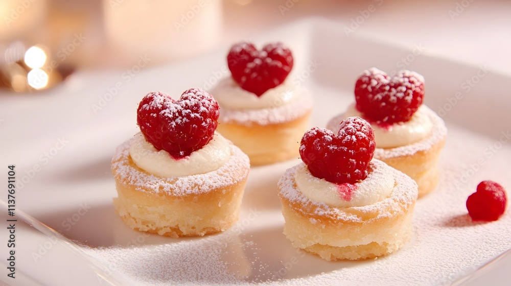 Delicate cupcakes topped with cream and heart-shaped raspberries, dusted with powdered sugar, perfect for a romantic occasion or celebration. Delicate cupcakes topped with cream and heart-shaped raspberries, dusted with powdered sugar, perfect for a romantic occasion or celebration.