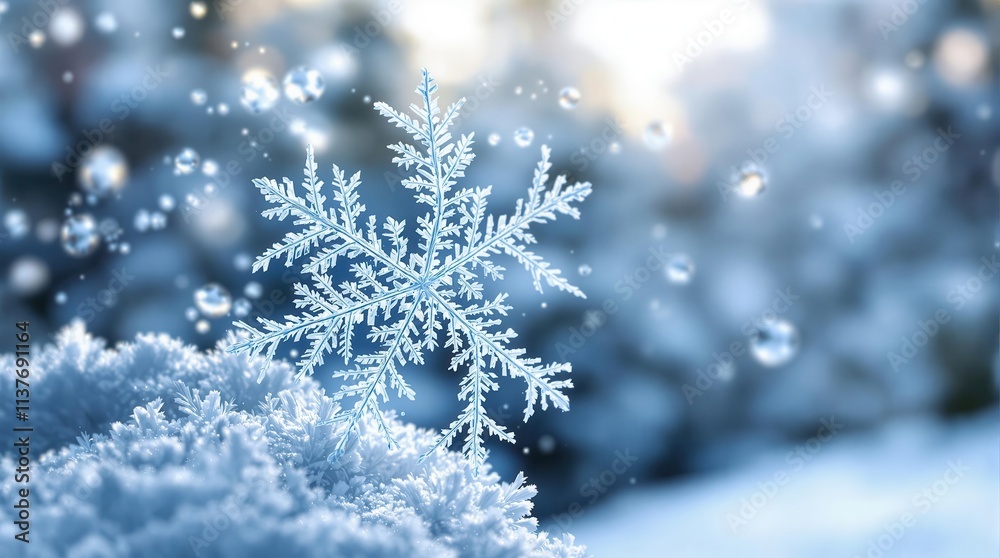 Stunning macro photograph of a single, intricately detailed snowflake against a soft-focus winter background. Perfect for holiday designs, winter themes, and nature photography projects Stunning macro photograph of a single, intricately detailed snowflake against a soft-focus winter background. Perfect for holiday designs, winter themes, and nature photography projects