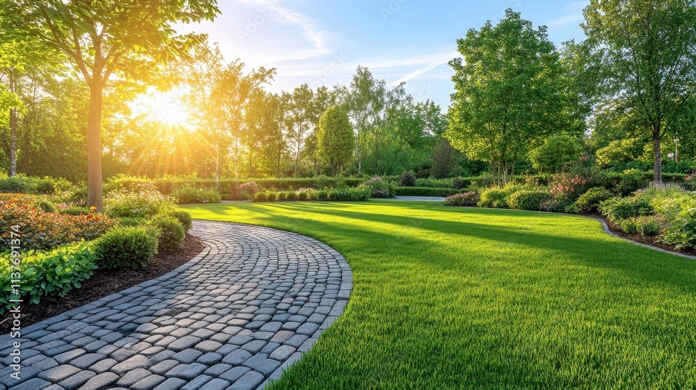 Serene Sunset Over Beautiful Green Lawn with Cobblestone Pathway in Park Serene Sunset Over Beautiful Green Lawn with Cobblestone Pathway in Park