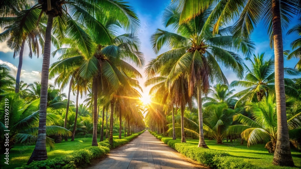 Sunlit Palm Tree Avenue: Tropical Pathway Photography, Vibrant Sunlight, Blue Sky, Paradise, Vacation, Holiday, Palm Trees, Nature, Landscape Sunlit Palm Tree Avenue: Tropical Pathway Photography, Vibrant Sunlight, Blue Sky, Paradise, Vacation, Holiday, Palm Trees, Nature, Landscape
