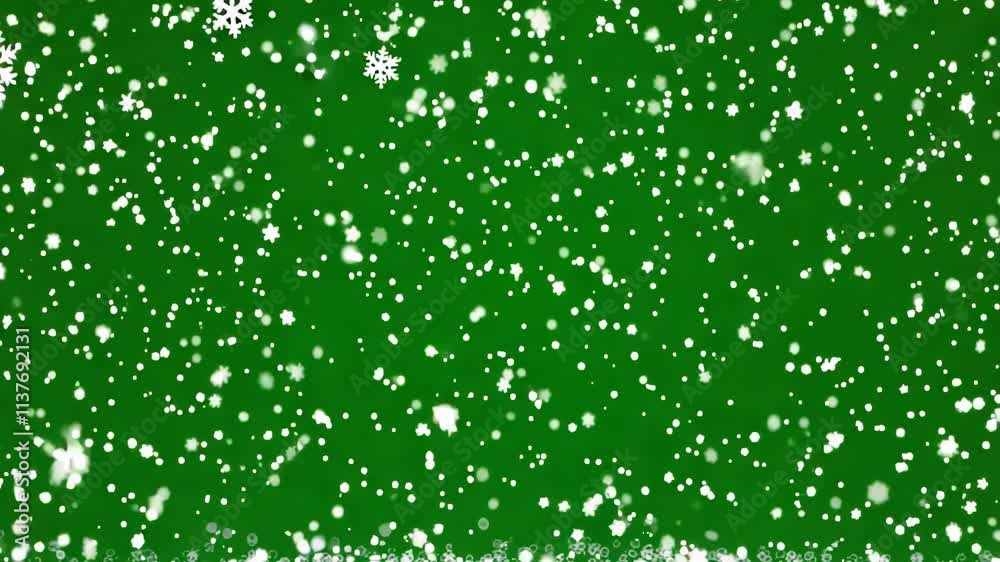 Snowfall overlay on a green screen background. Winter softly snow effect. Snowflakes effect loop animation isolated on chroma key backdrop. Winter snow falling Christmas, new year motion graphics.