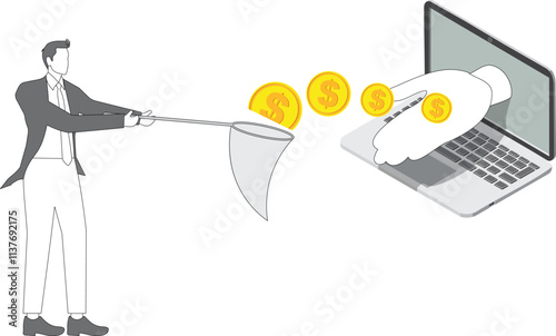 Harvesting profits or making money on the internet, stock gains, investment returns, etc. Distance lucky businessman with a butterfly net pocket to arrest the gold coins coming out of the computer scr