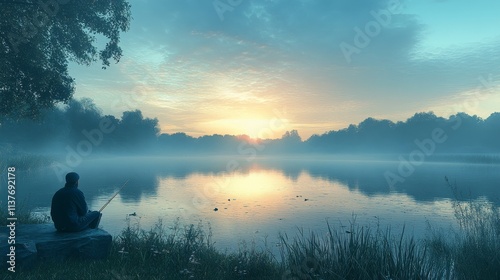 Fishing at sunrise serene lake nature photography foggy landscape tranquil viewpoint peaceful reflection photo