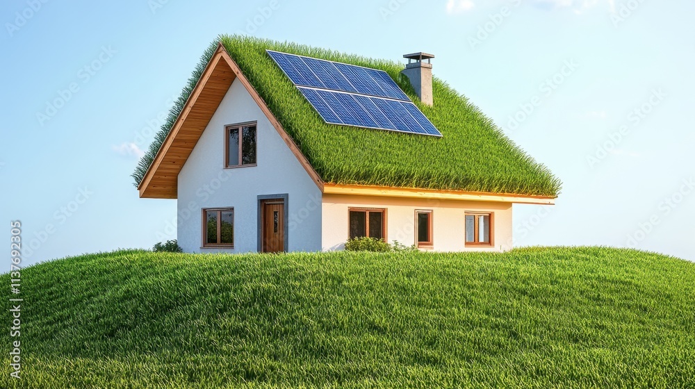 Eco-Friendly House with Grass Roof and Solar Panels in a Green Landscape Eco-Friendly House with Grass Roof and Solar Panels in a Green Landscape