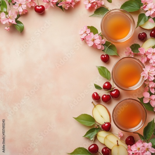 Spring blossom kombucha with cherry and pear garnishes, concept of natural flavors and seasonal joy photo