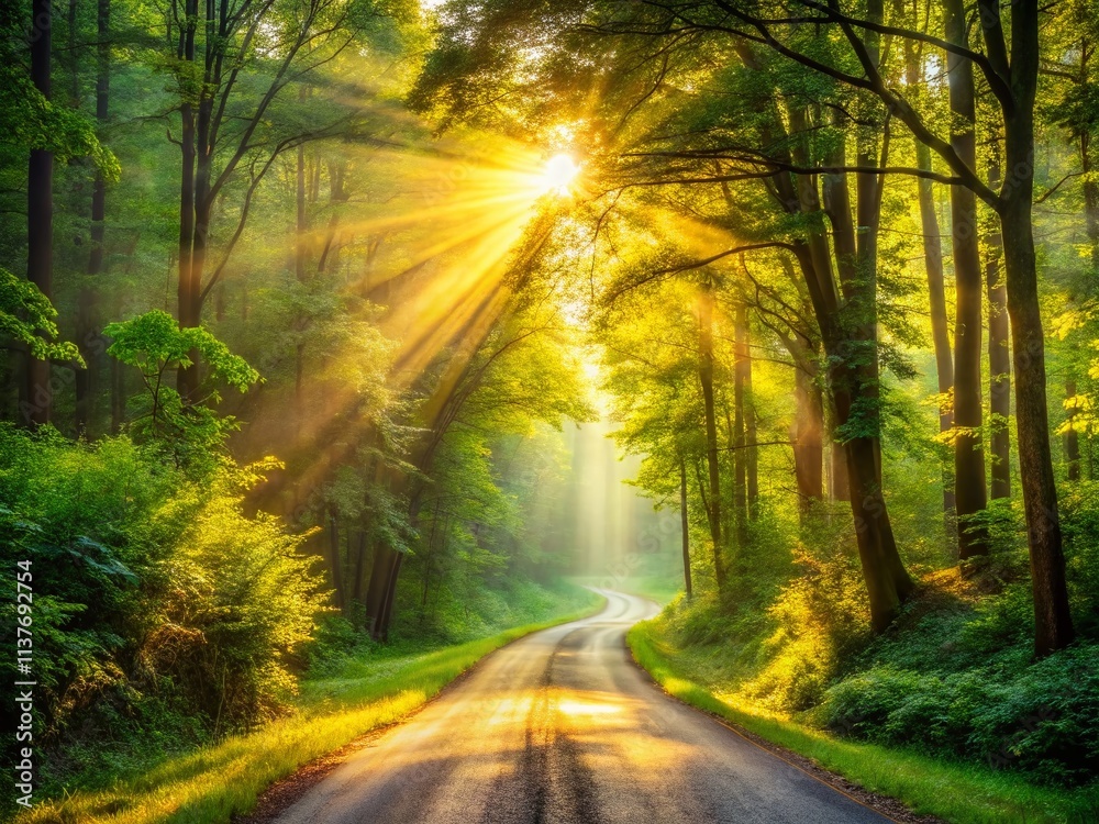 Obraz premium Sunny Country Forest Road, Morning Sunlight, Scenic Drive, Nature Photography, Rural Landscape