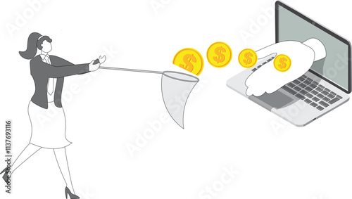 Harvesting profits or making money on the internet, stock gains, investment returns, etc. Distance lucky businesswoman with a butterfly net pocket to arrest the gold coins coming out of the computer s