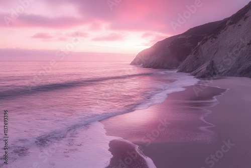 At sunset, close-up planet Mars has mountains and water with a starry sky panorama. Stock image.. Beautiful simple AI generated image