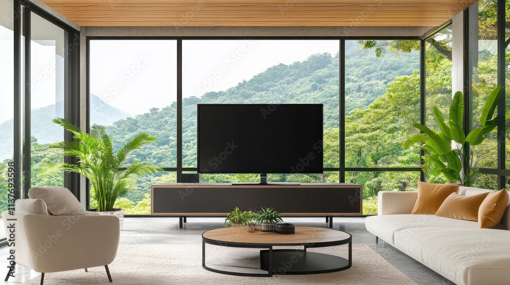 Fototapeta premium Modern Living Room with Stunning Mountain View