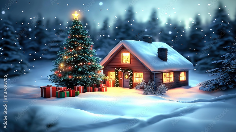 Fototapeta premium Cozy Christmas Cabin in a Snowy Winter Wonderland