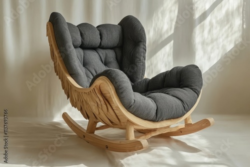 Dark gray fabric rocking chair with light wood frame and wing-shaped armrests for children's room, modern interior design.