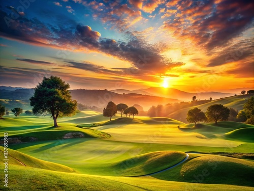 Wallpaper Mural Sunrise Golf Course, Peaceful Green Fairway, Rolling Hills, Serenity Landscape Photography Torontodigital.ca
