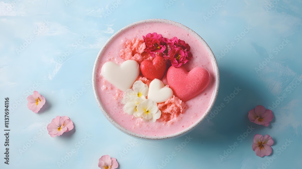 A vibrant pink bowl filled with smooth dessert, topped with heart-shaped toppings and edible flowers, set against a soft blue background. A vibrant pink bowl filled with smooth dessert, topped with heart-shaped toppings and edible flowers, set against a soft blue background.