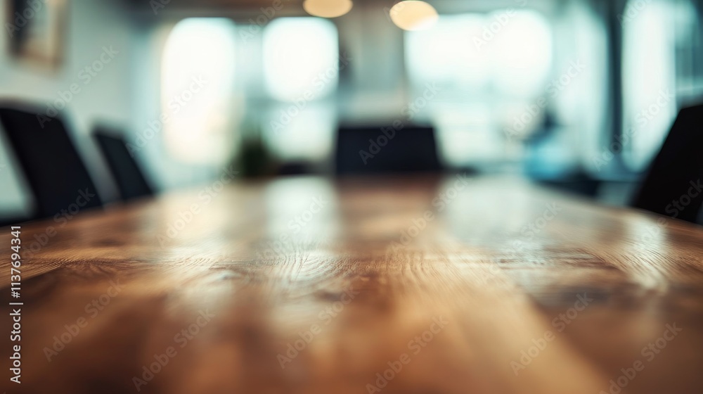 Beautiful blurred background of an empty wooden table in the boardroom with chairs, close-up Beautiful blurred background of an empty wooden table in the boardroom with chairs, close-up