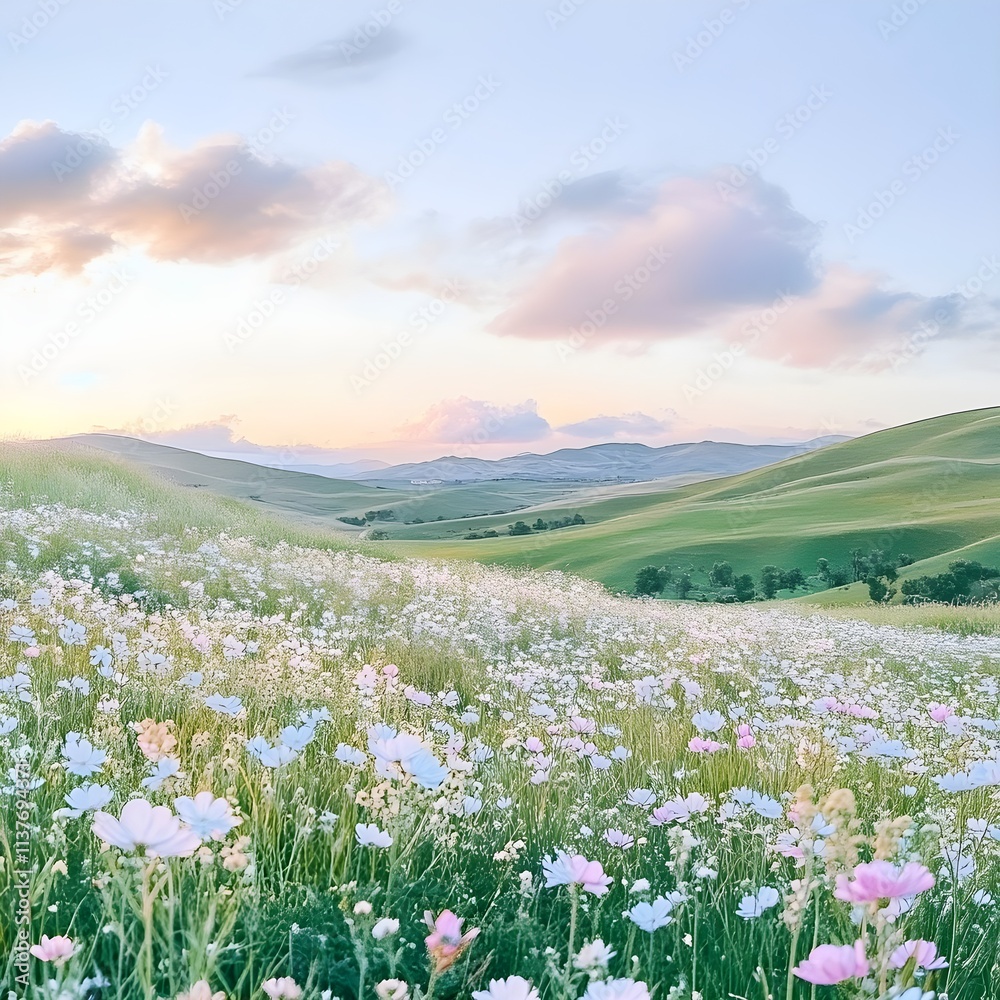 A photo of a tranquil meadow covered in wildflowers, with rolling green hills and a soft pastel sky in the background. A photo of a tranquil meadow covered in wildflowers, with rolling green hills and a soft pastel sky in the background.