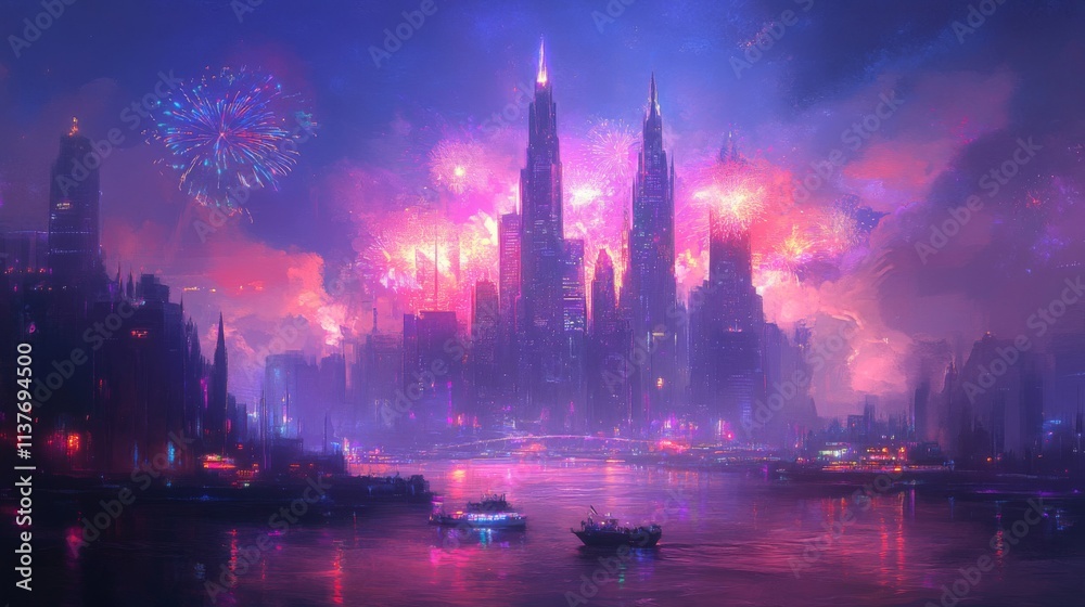 Fototapeta premium Futuristic Cityscape Illuminated By Vibrant Fireworks Display
