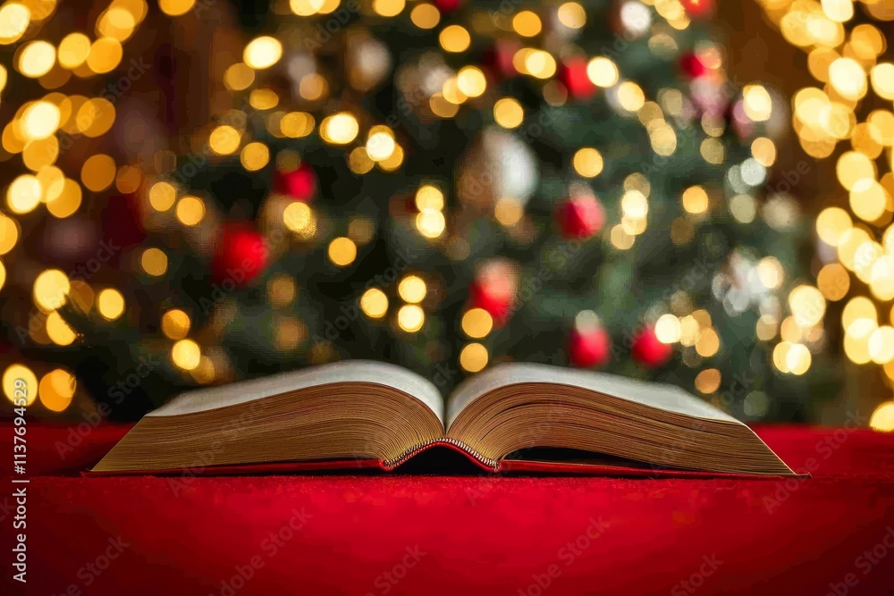 An open book with blurred bokeh lights in the background. An open book with blurred bokeh lights in the background.