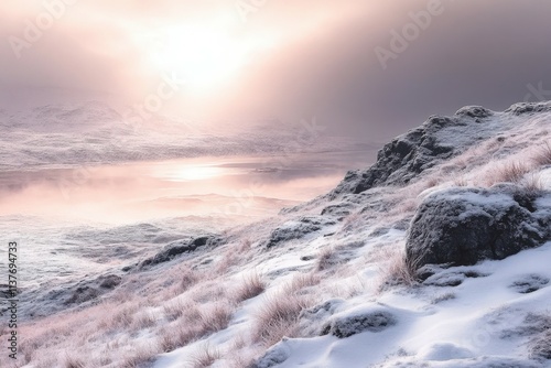 At sunset, close-up planet Mars has mountains and water with a starry sky panorama. Stock image.. Beautiful simple AI generated image