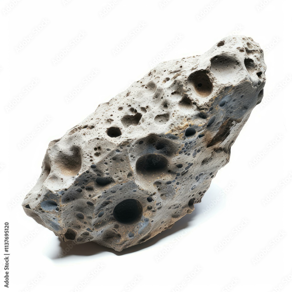 Gray meteorite fragment with many holes and craters, suggesting its journey through space Gray meteorite fragment with many holes and craters, suggesting its journey through space