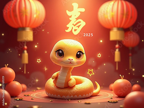 Golden and red cute baby snake, Happy New Year, 2025 