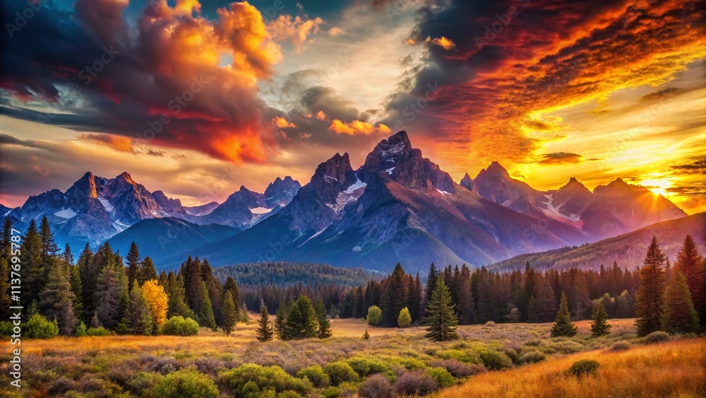 Fototapeta premium Sunset Mountain Panorama: Macro Grain Texture Landscape Photography