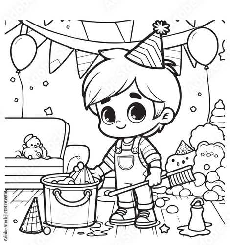 Coloring page boy clean room after birthday