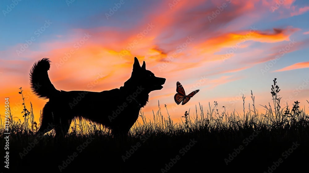 Dog silhouette with butterfly, sunset. Dog silhouette with butterfly, sunset.