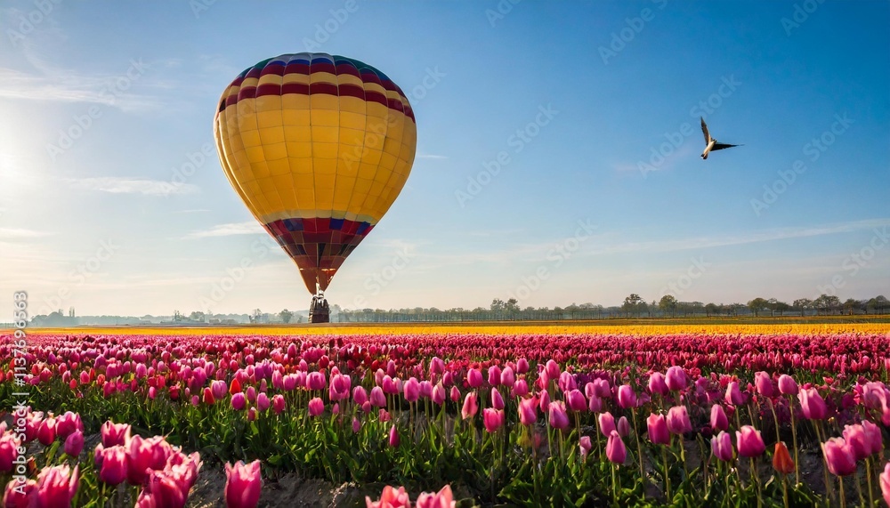 Fototapeta premium Romantic Hot Air Balloon Over a Field of Tulips at Sunrise