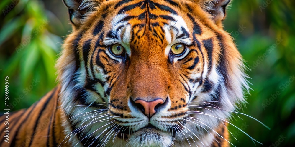 Fototapeta premium Majestic Tiger Face Close Up, Powerful Bengal Tiger Portrait, Wild Cat Photography, Orange Stripes, Wildlife Image