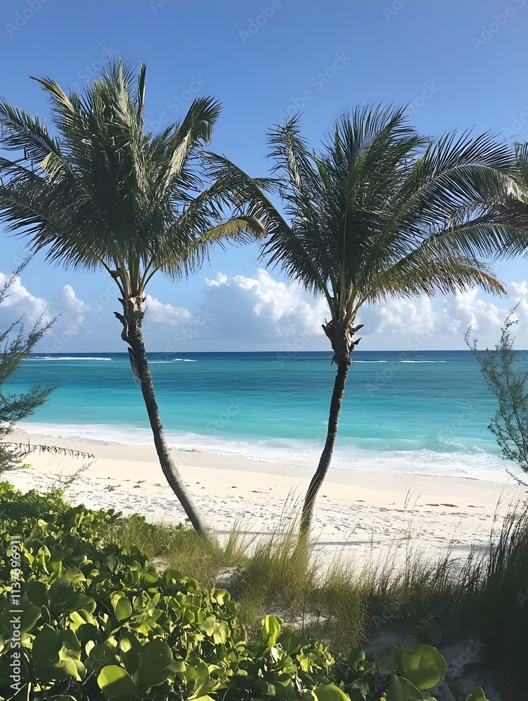 Fototapeta premium A photo of a tropical beach with white sand, turquoise water, and palm trees swaying in the gentle breeze.