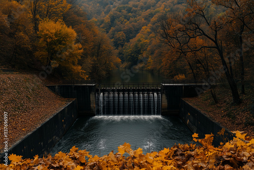 A serene hydroelectric dam surrounded by autumn foliage, with a river flowing downstream, symbolizing harmony between technology and nature, with copy space. photo