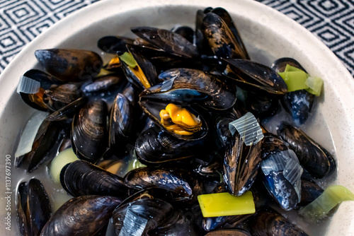 Fototapeta Naklejka Na Ścianę i Meble -  Bouchot mussels from Brittany, empty shells, shellfish rich in omega 3, healthy meal