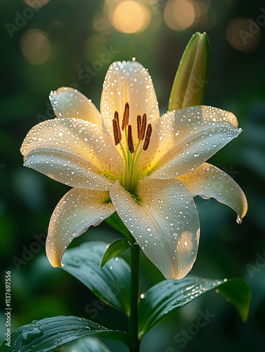 Dew Kissed White Lily Flower in Sunlight
