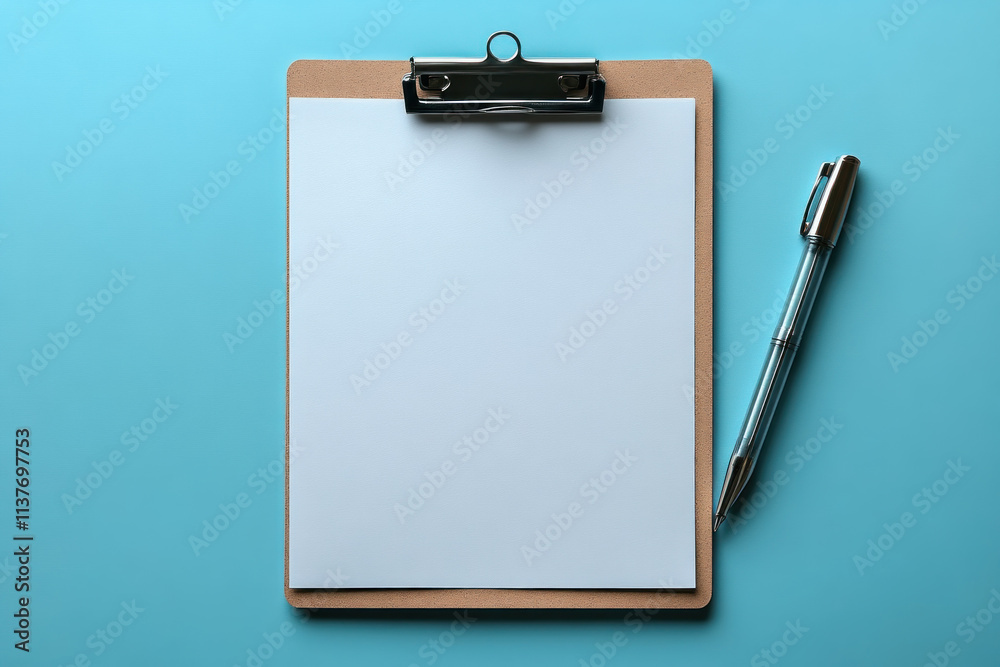 Clipboard Holds Blank Paper with Pen on Blue Background for Writing Notes Clipboard Holds Blank Paper with Pen on Blue Background for Writing Notes
