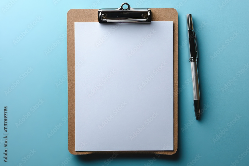 Clipboard Holds Blank Paper with Pen on Blue Background for Notes and Writing Clipboard Holds Blank Paper with Pen on Blue Background for Notes and Writing